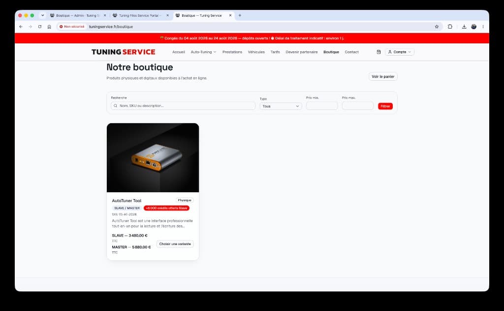 Boutique en ligne avec produit AutoTuner