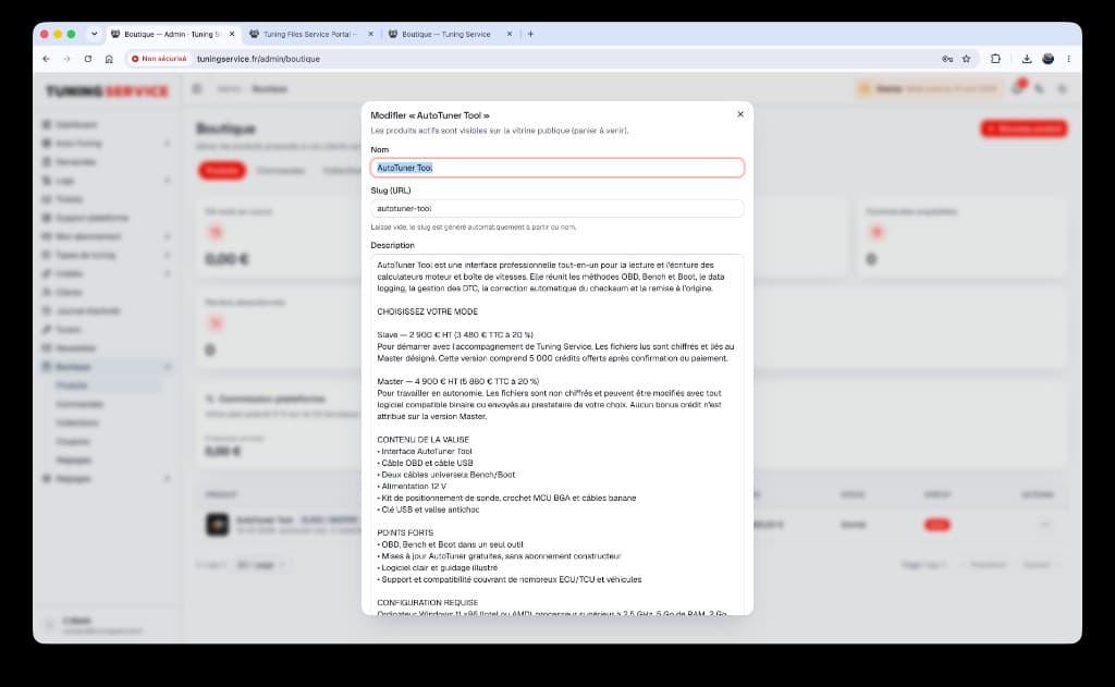 Admin — création fiche produit AutoTuner