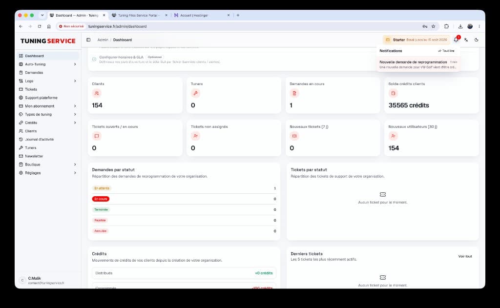 Dashboard admin avec notification temps réel
