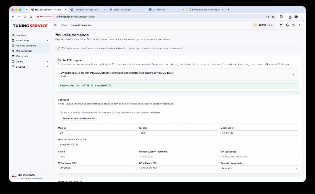 Upload fichier ECU avec détection automatique
