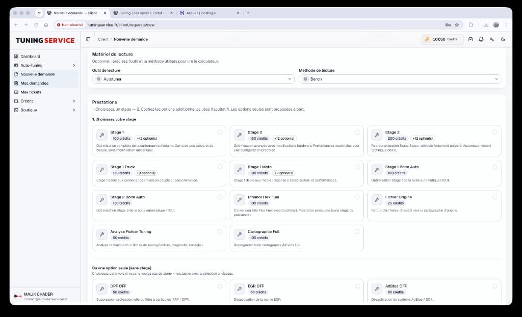 Choix des prestations Stage et options