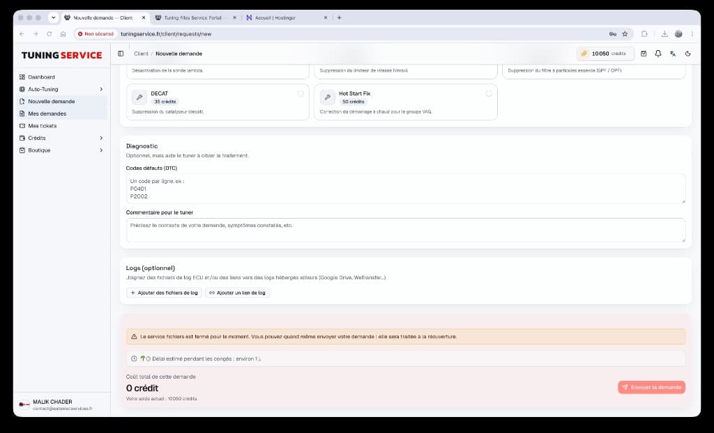 Formulaire DTC, commentaire et logs client