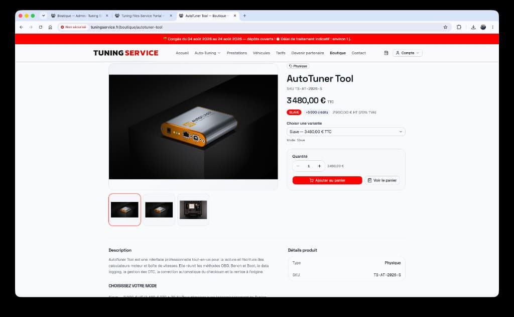 Fiche produit AutoTuner avec variantes