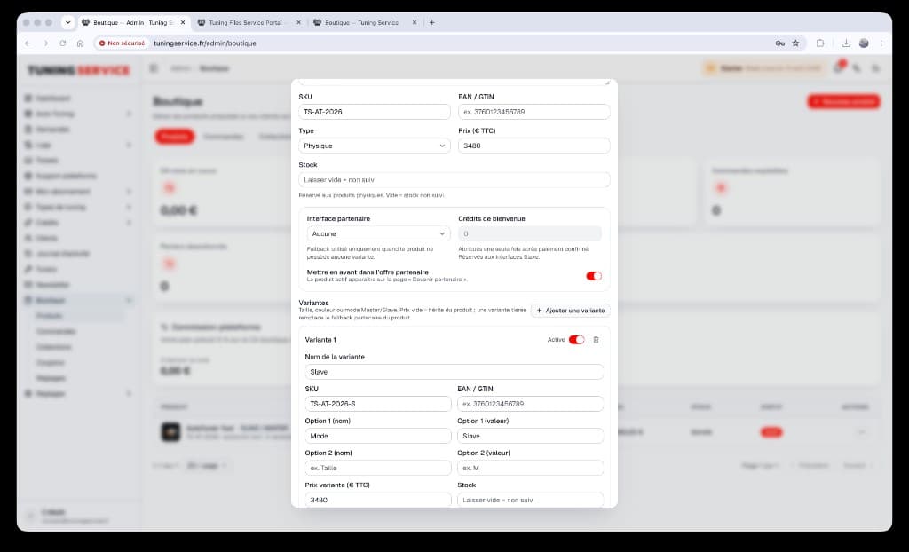 Admin boutique — édition produit et variante Slave
