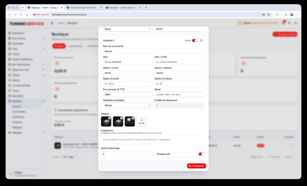 Admin — variante Master prix SKU et images