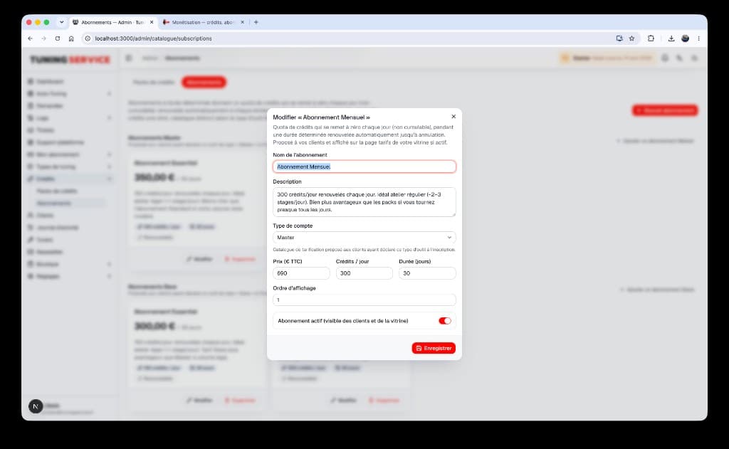 Modal d'édition d'un abonnement Mensuel Master