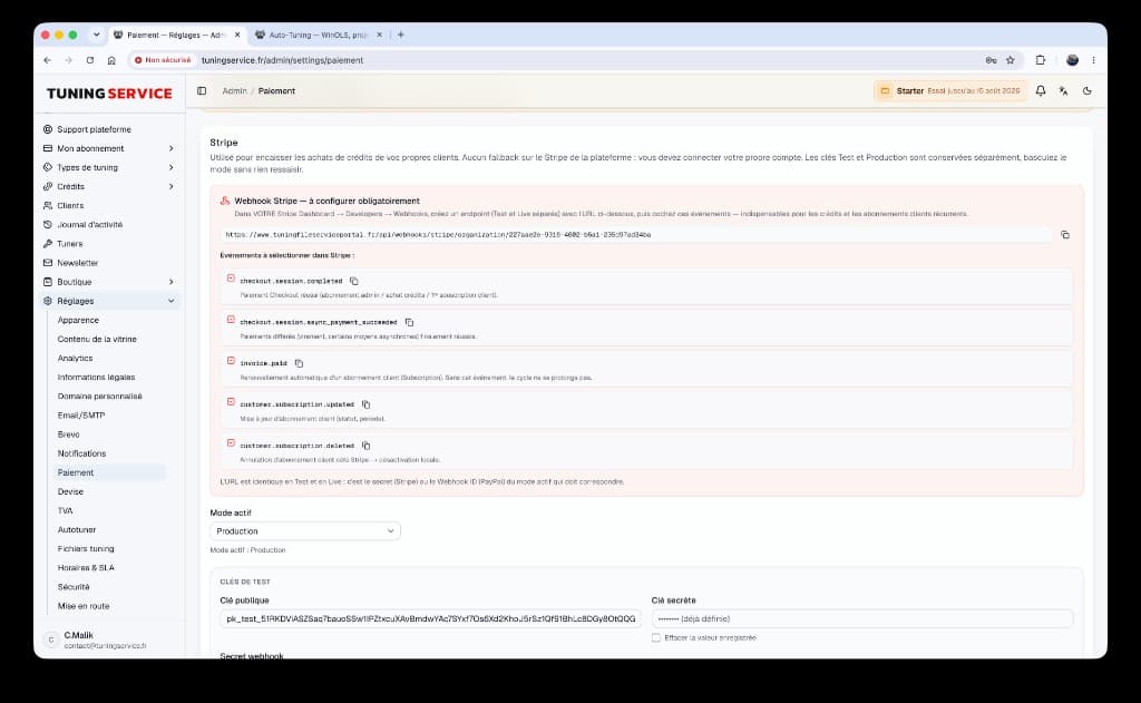 Configuration Stripe dans l'admin