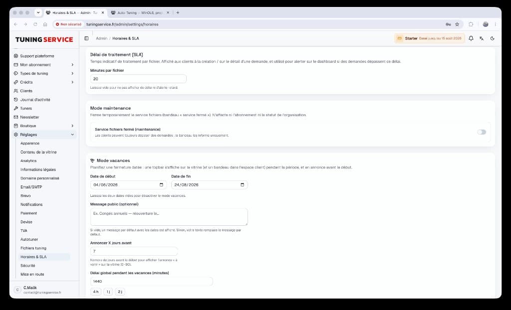 SLA, maintenance et mode vacances