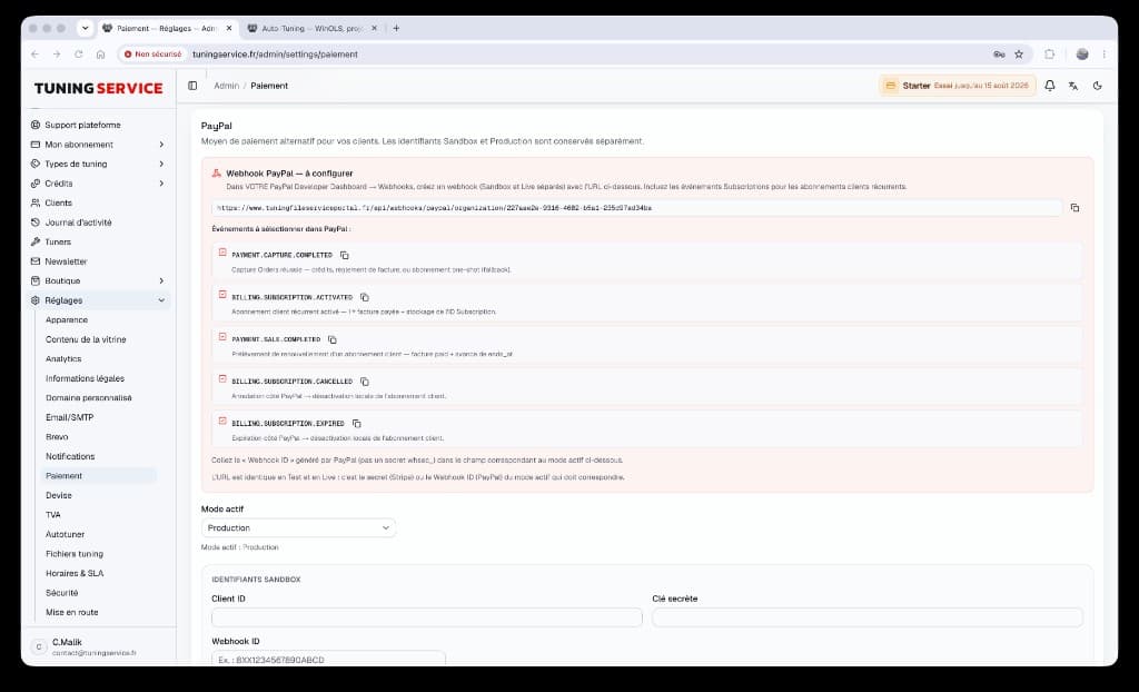 Configuration PayPal dans l'admin