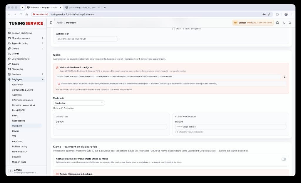 Configuration Mollie dans l'admin