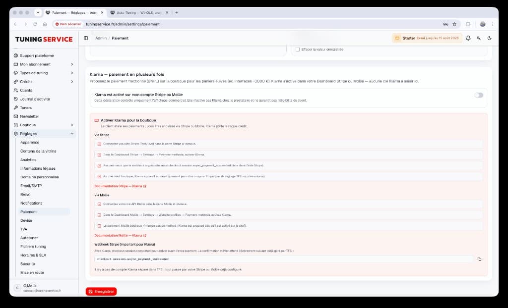Activation Klarna paiement en plusieurs fois