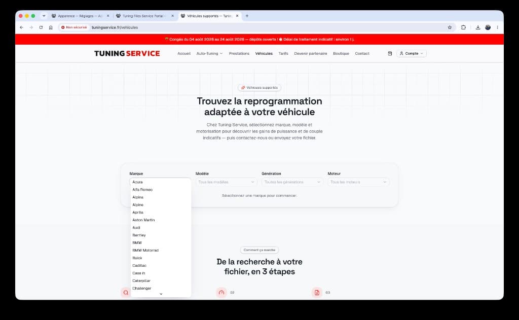 Catalogue véhicules supportés sur la vitrine